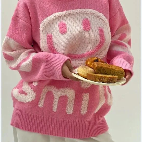 NWT Pink Smiley sweater size medium - Picture 2 of 3